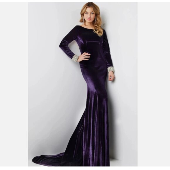 Jovani 09139 Velvet Rhinestone Trim Open Back Full Length Gown - Picture 1 of 6